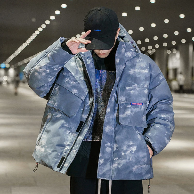 

Парка мужская с капюшоном и принтом, толстая стеганая куртка с хлопковой подкладкой, Повседневная Свободная парка, модное пальто с защитой ...