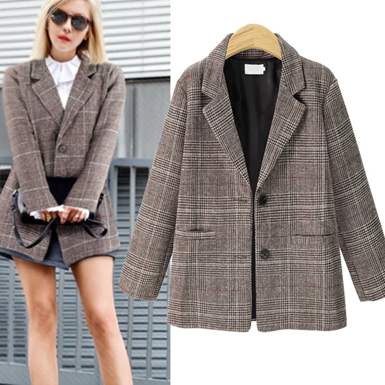 

2020 Vintage Casual Plaid Blazer Women Fashion Single Breasted Office Ladies Jacket Coat Notched Collar Long Sleeve Suits