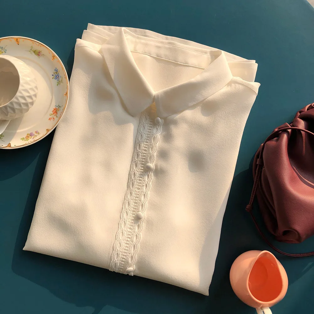 100% шелк Для женщин французский Стиль кружевная Лоскутная Блузка на пуговицах