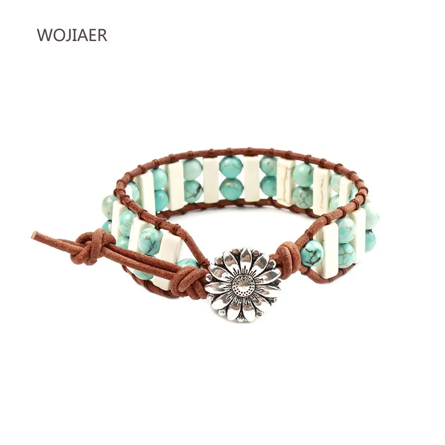 

WOJIAER Wholesale Leather Rope Wrap Creative Braided Bracelet Rectangle Stone Turquoises Bangle for Women Jewelry Gift ZM1205