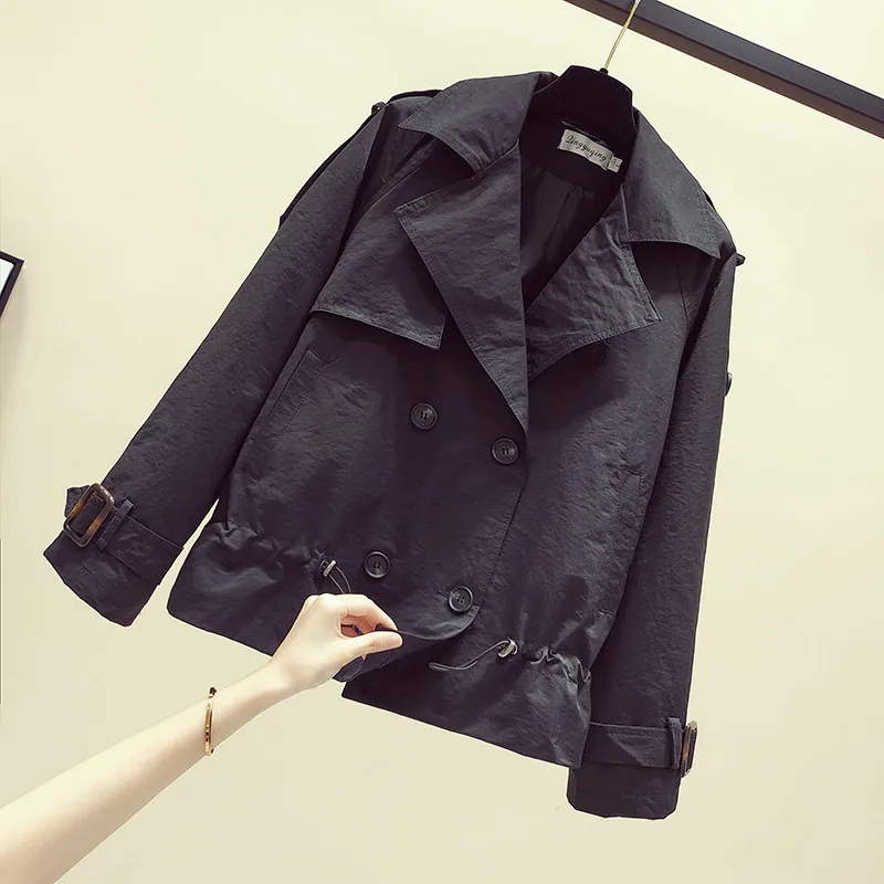 

UHYTGF fashion women windbreaker fashion lapel Double-breasted loose spring trench coat women pockete paulet casual short top972