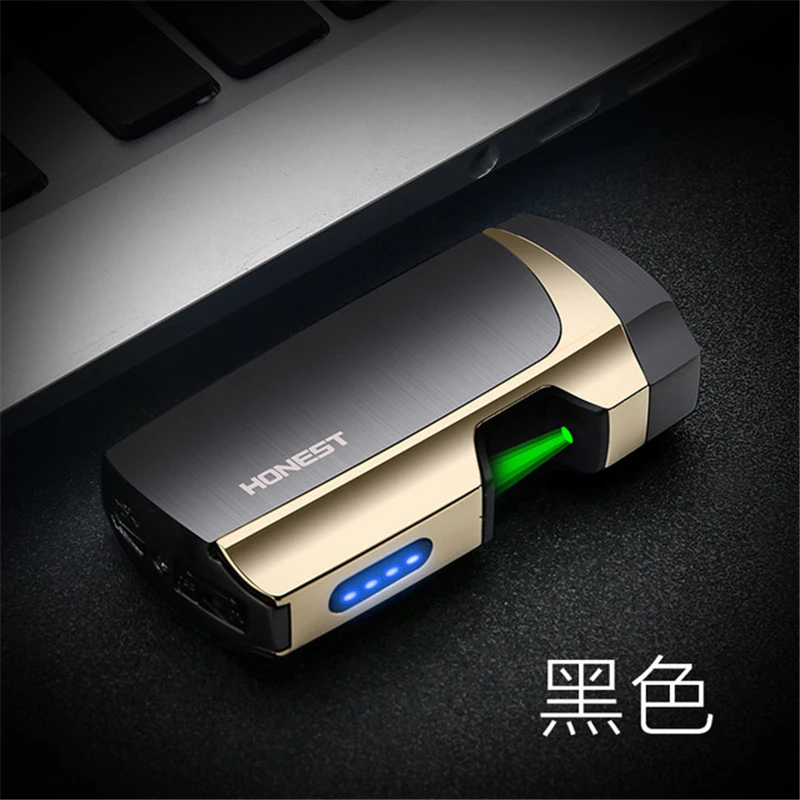 Black Быстрая Зеленая лазерная Зажигалка для сигарет, Электронная зажигалка, USB плазменная двойная дуговая Зажигалка для свечи, металлические турбо электрические зажигалки - Цвет: Black