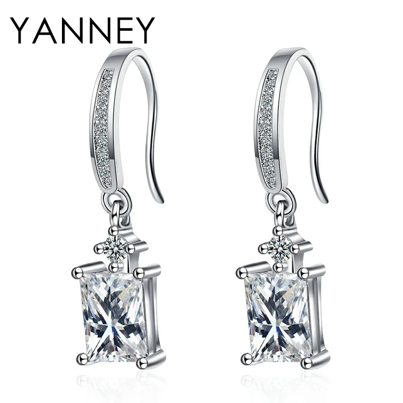 

YANNEY 925 Sterling Silver 30MM Fine Simple Square Zircon Crystal Pendant Earrings For Women Wedding Gift Jewelry