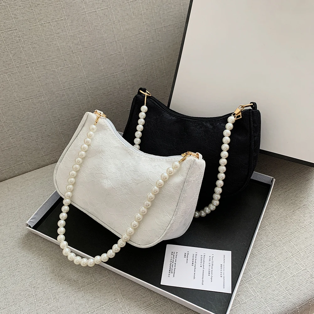 

Casual Pearl Chain Small Underarm Bags for Ladies Fashion Lace Flower Solid Color Top-Handle Handbags Women Daily Shoulder Bags