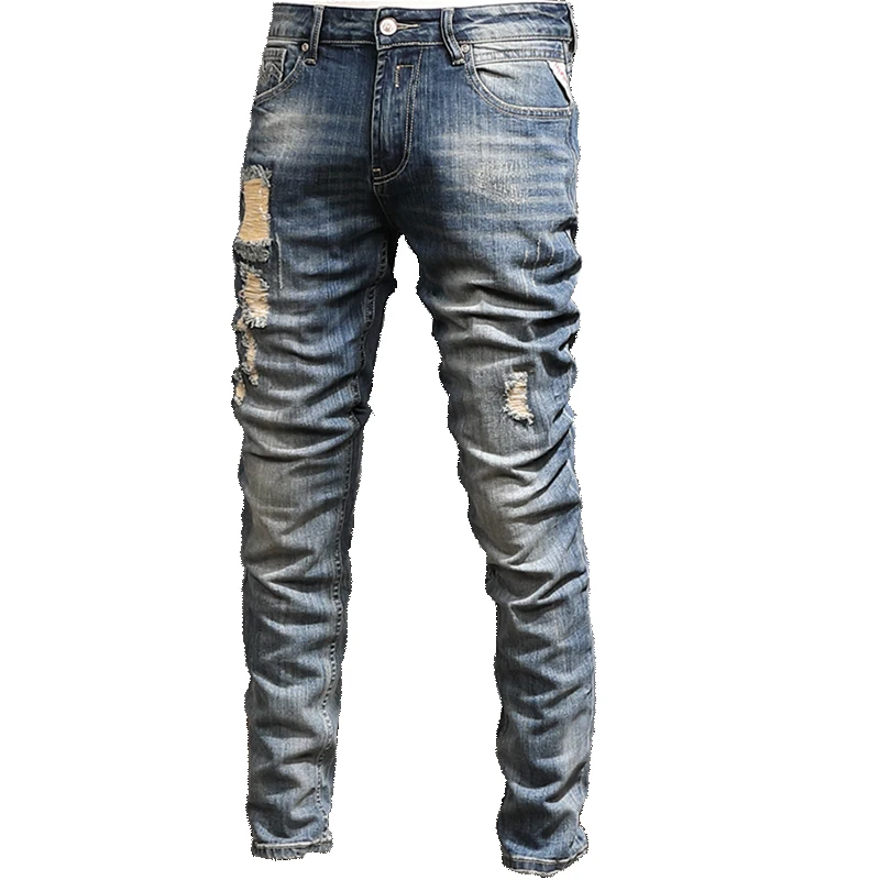 Mens Light Blue Ripped Jeans With Big Holes Men Streetwear Retro Straight Slim Fit Pants Casual Cotton Denim Trousers