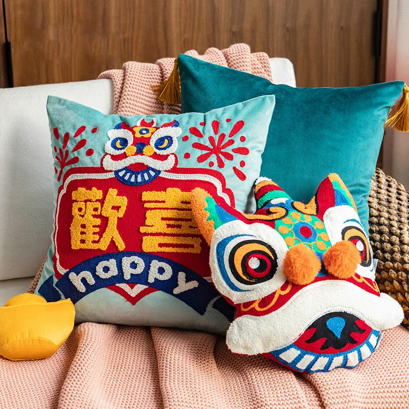 

Cushion Cover Decorative Pillow Joy Chinese Traditional Dance Lion Embroidery Cushion Cover Sofa Chair Bedding Coussin