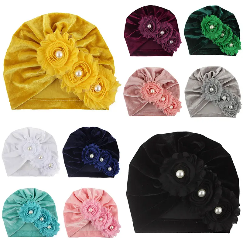 Детская Милая шапка с цветами для девочек и мальчиков шапка-тюрбан жемчугом