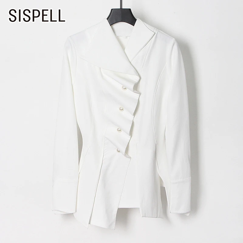 

SISPELL Patchwork Ruffle Blouse Shirts For Female Lapel Collar Long Sleeve High Waist Slimming Women's Shirt Fashion New 2021