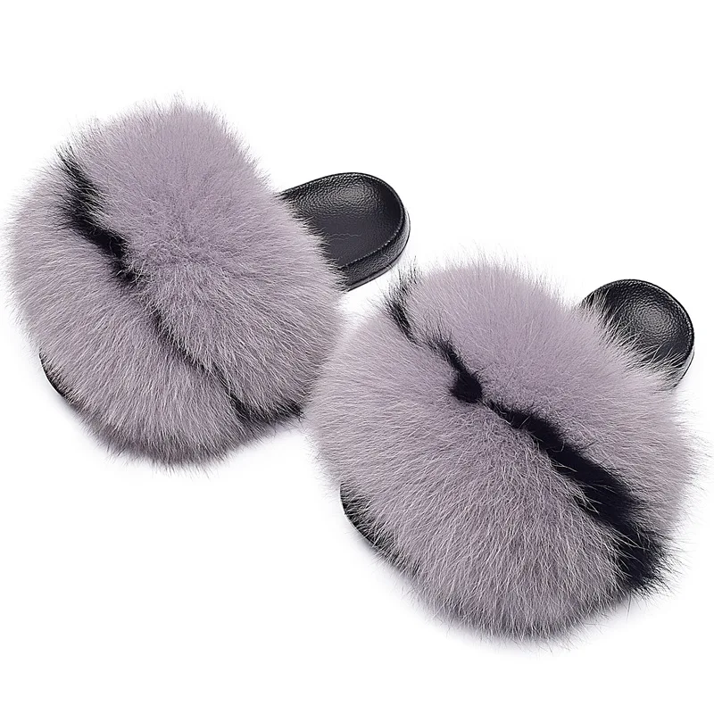 

Party Fur Slippers Women Real Fox Fur Slides Furry Flat Sandals Female Cute Fluffy Shoes Woman Home Flip Flops Luxury Women Shoe