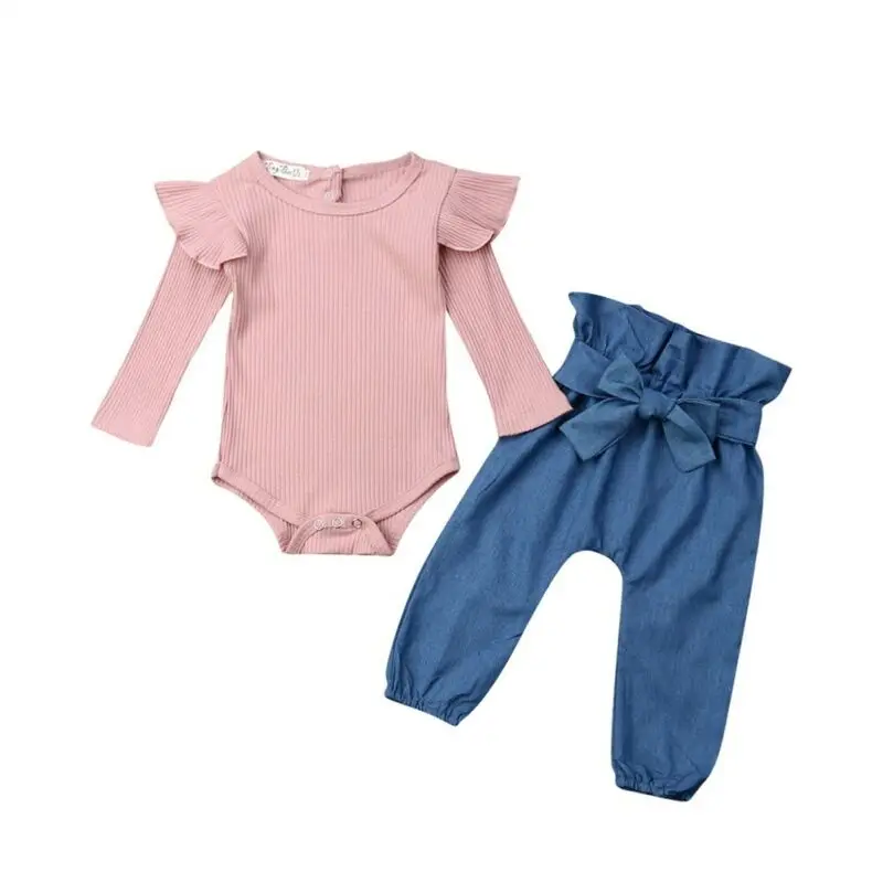 2PCS Newborn Baby Girl Outfit Solid Long Sleeve Romper Top +Bandage Pants Trousers Casual Autumn Clothes | Мать и ребенок