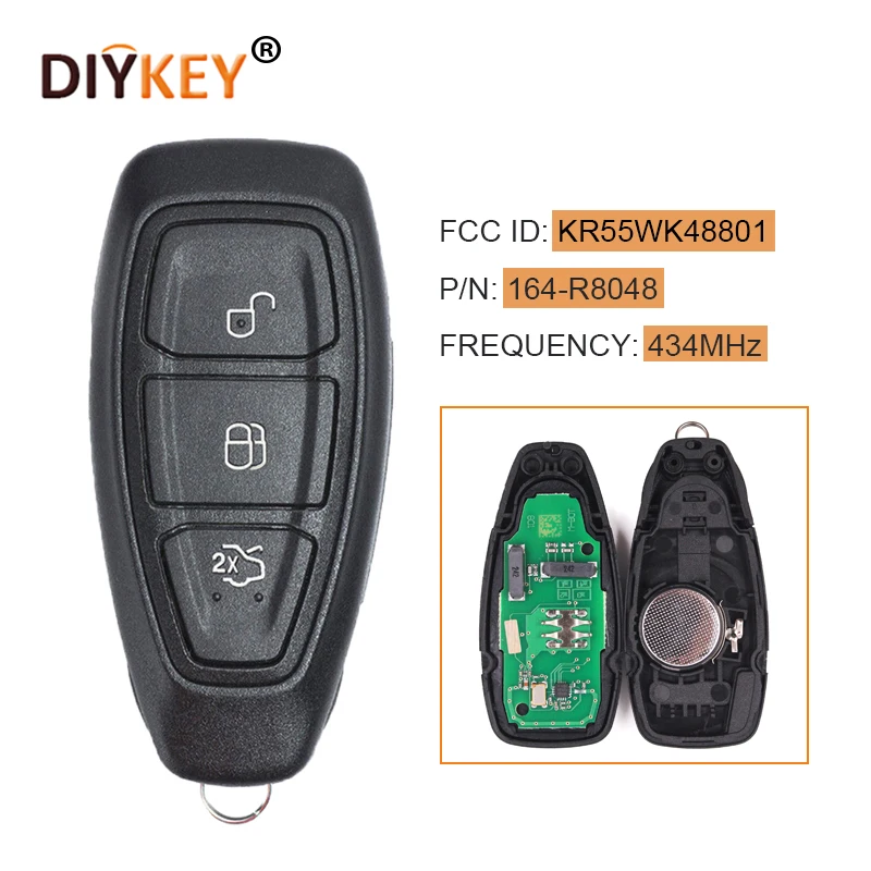 

DIYKEY 3 Buttons Proximity Smart Remote Key Fob 4D63 Chip 434 MHz for Ford Focus Fiesta C-Max P/N:164-R8048 KR55WK48801/5WK50170
