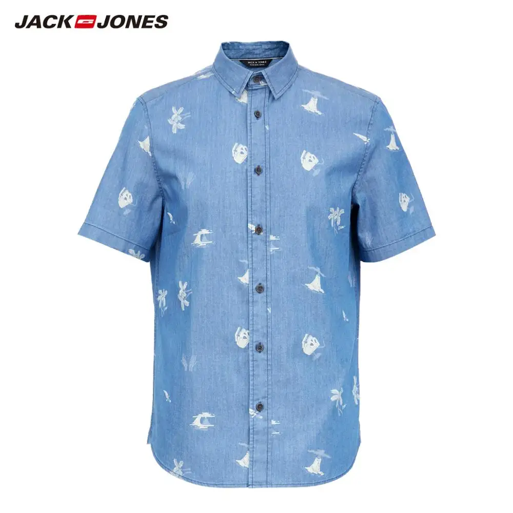 Мужская джинсовая рубашка JackJones 100% хлопок с коротким рукавом и принтом 219204525 |