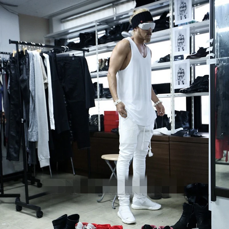 

Youth Summer solid color front short back long hip hop loose casual vest men's summer sleeveless top versatile