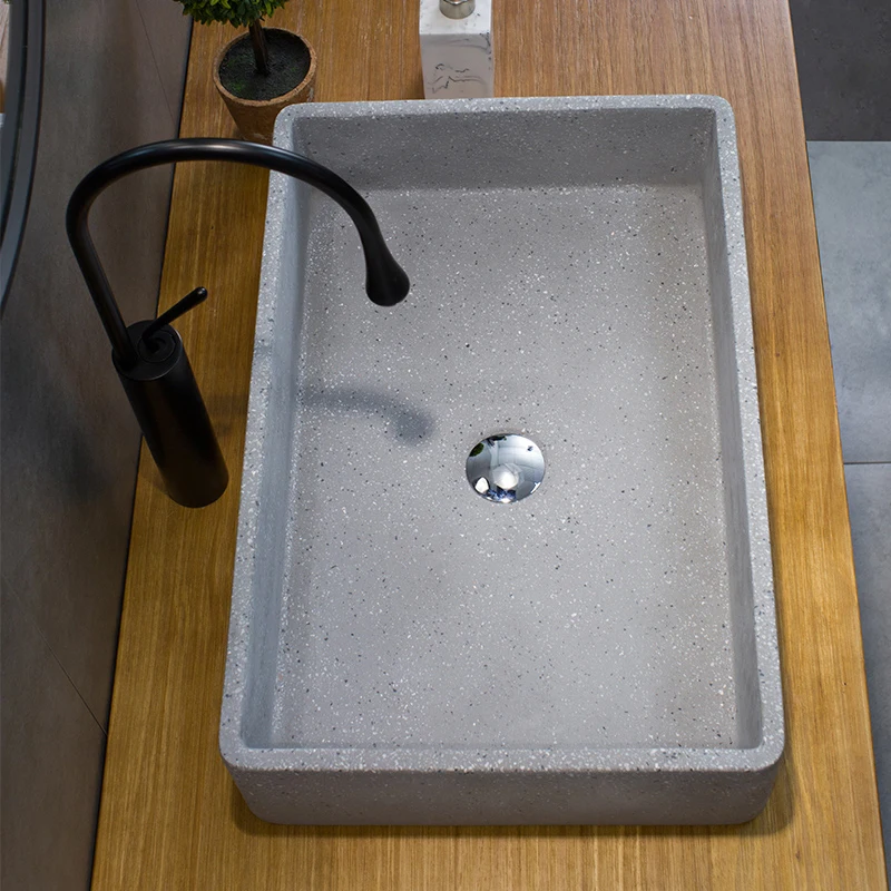 Stone artisan concrete cement vanity above counter basin industrial personality simple art terrazzo retro square | Дом и сад