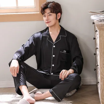 

New satin chiffon couple pajamas spring long-sleeved men's pajamas 2 pieces set silk plus size ladies home pajamas