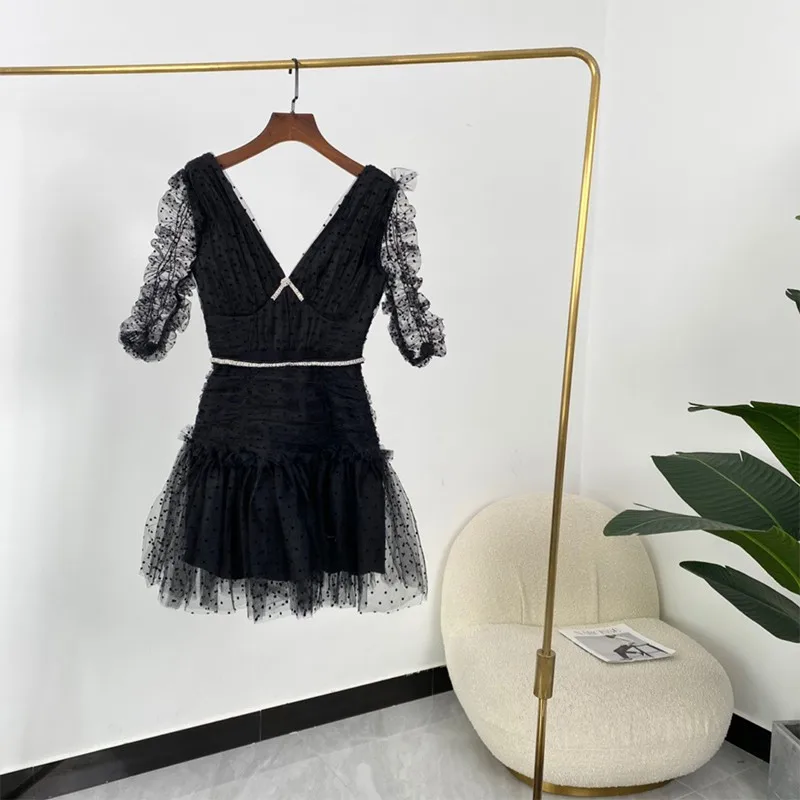 

Spring Summer Hot Sale High Quality Polka Dots Flocking Ladies Elegant Black Mesh Mini Dresses