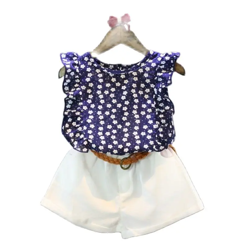 

Children's suits, summer Korean version of the new girls' suits, children's fashion chiffon floral vest + shorts two-piece suit