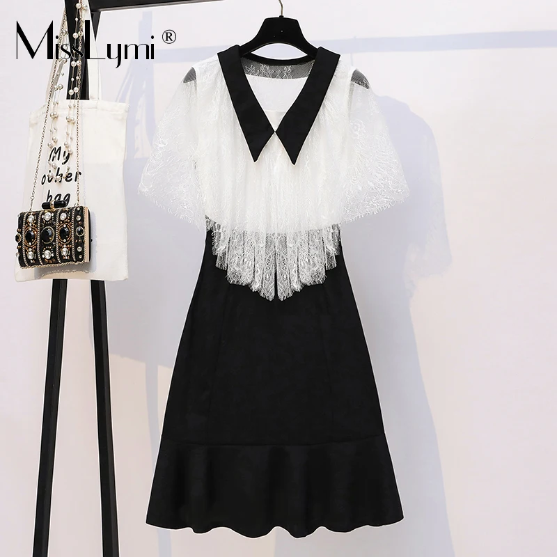 

L-5XL Plus Size Lace Patchwork Fake two Pieces Dress Women Summer 2021 Elegant V-neck Cloak Sleeves Knee-Length Mermaid Dresses