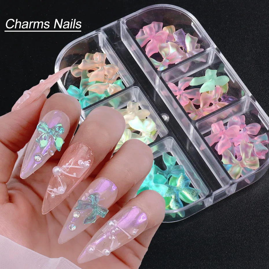 

36/60 PCS Bowknot Nail Charms Set 3D Resin Rose Flower Design Nail Art Decorations Aurora Colorful Nail Accessories DIY Crafting
