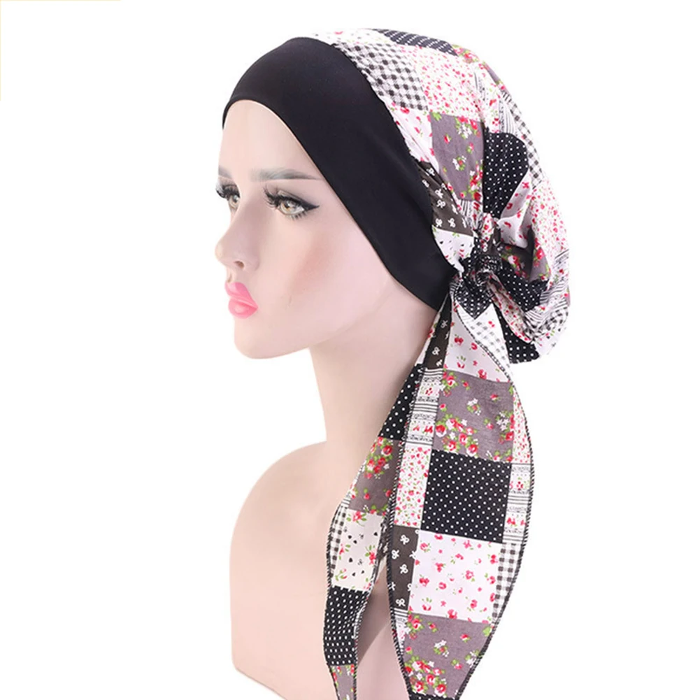 

SANWOOD Muslim Women Printed Scarf Hats Elastic Cotton Turban Hats Long Tail Bandana Pirate Cap