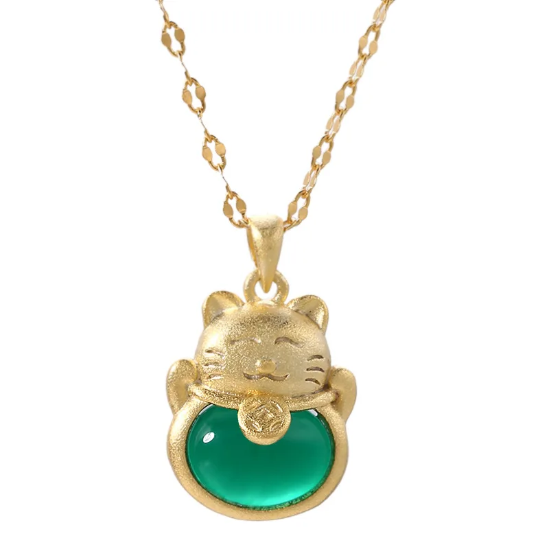 

Fengxiaoling New Hot Sell Trendy 925 Sterling Silver Green Agate Pendant Necklaces For Women Golden Cat Silver Necklace Jewelry