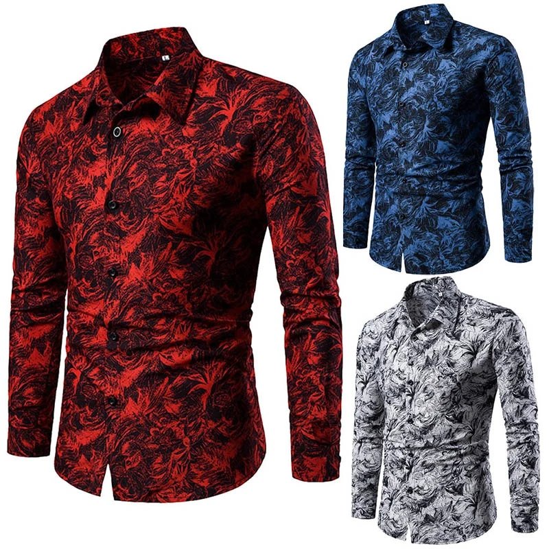 Summer Spring Men's Shirt Printed Casual Long Sleeved Shirt Slim Fit Male Social Dress Shirt For Men