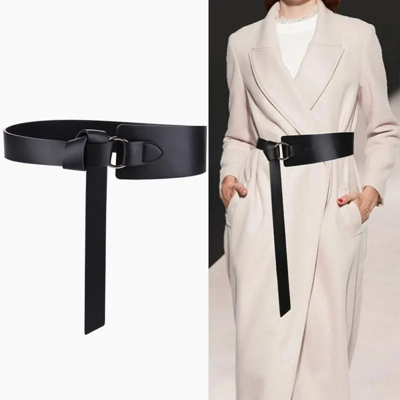 

New Design Genuine Leather Belt Wide Knot Cummerbunds Silver Circle Buckle Waistbands For Women HOT Long Soft Cowskin Dress Coat