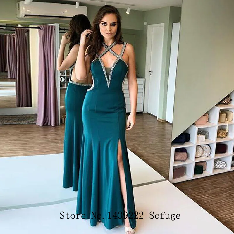

Turquoise Sheath Evening Dresses Prom Halter High Slit Beads Vestidos De Fiesta De Noche Robe De Soiree