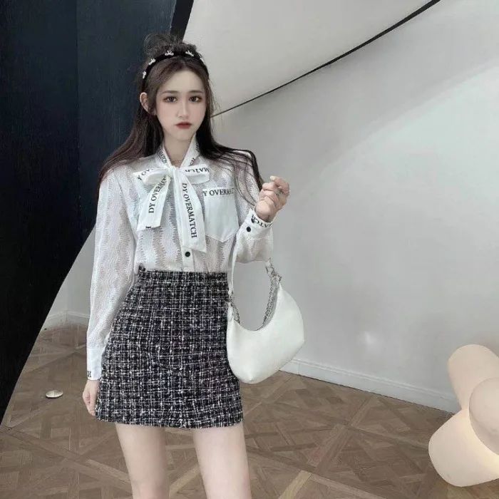 

XUXI Women Fashion Shirt Lace Bow Tie Long Sleeve Blouses Summer 2021 E698