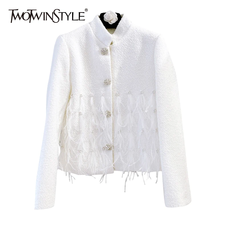 TWOTWINSTYLE Casual White Patchwork Feathers Women's Jackets Stand Collar Long Sleeve Korean Fashion Short Women Coat Autumn New