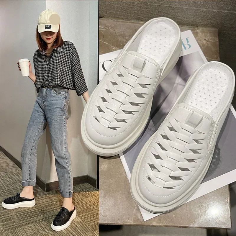 

Slippers Women Summer Med Platform Shoes Cover Toe Pantofle Loafers Slides Fretwork Heels Flat 2021 Soft Rubber PU Basic Casual