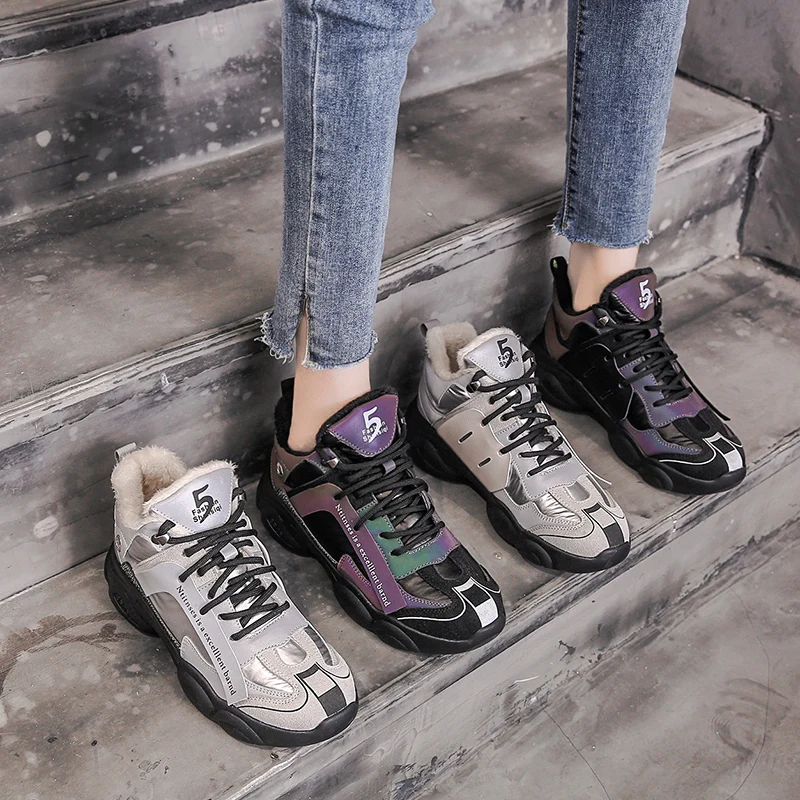 Fujin Sneakers Women Winter Plush Keep Warm High Heels Fashion Round Toe Bling Breathable Thick Bottom Lace Leisure Shoes | Женская обувь