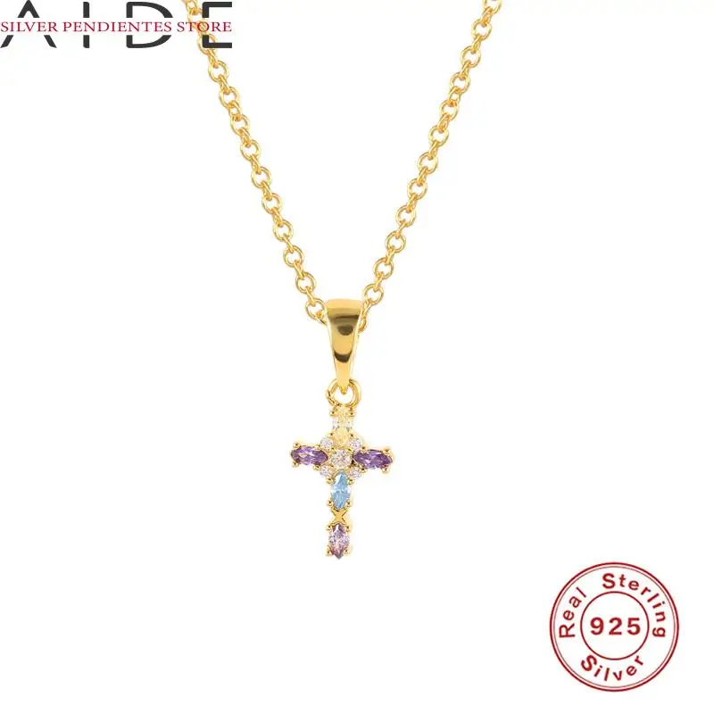 

AIDE 925 Sterling Silver Cross Pendant Necklace Chain Women Fashion INS French Micro-inlaid Colored Zircon Necklace Clavicle