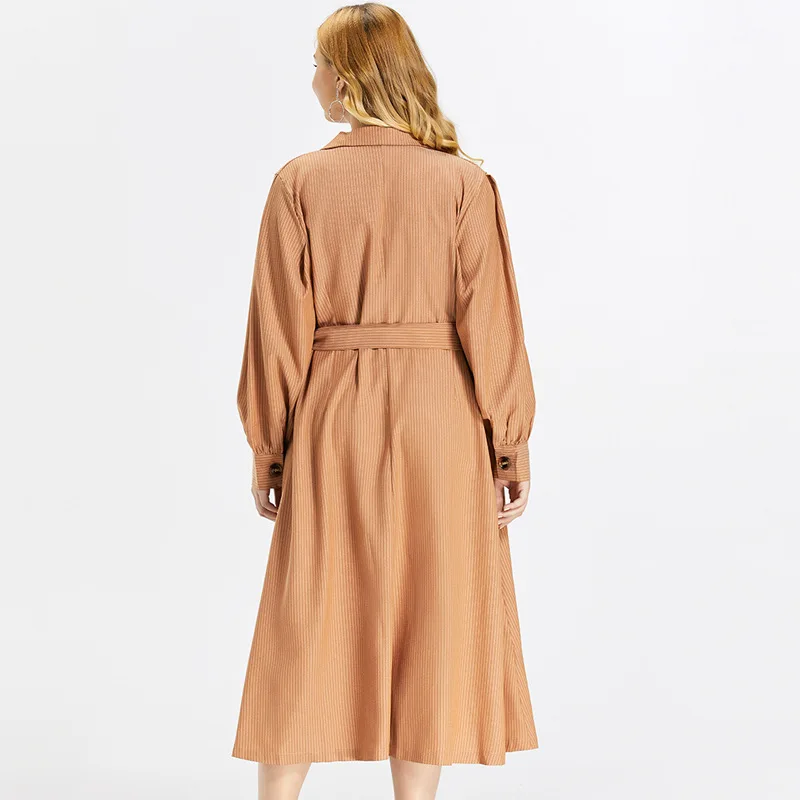 

Turn Down Collar XL To 4XL Plus Size Women Trench Coats Double Breasted Striped Long Sleeve Long Trench Coat TA8510