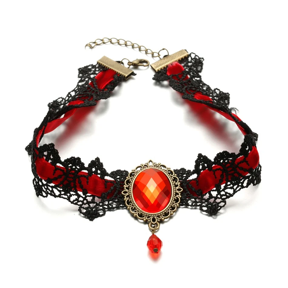 RED Короткие кружевные ожерелья и подвески для женщин, черные бусы, готическое колье LX077 - Окраска металла: RED