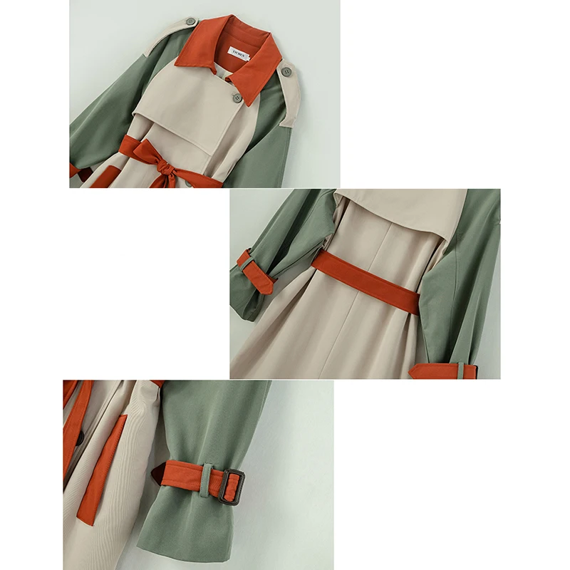 

Elegant Lapel Panelled Color Double Breasted Long Windbreaker Fashion Slim Outwear With Waistband Casual Mid Long Jacket