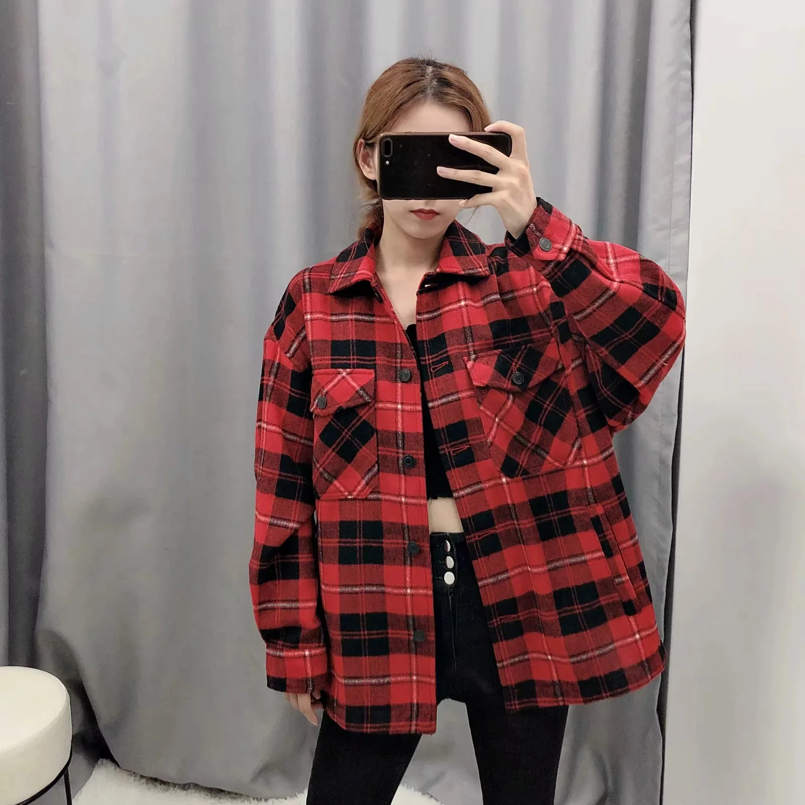 

Autumn Vintage Stylish Pockets Oversized Plaid Jacket Coat Women 2020 Fashion Lapel Collar Long Sleeve Loose Outerwear Chic Tops