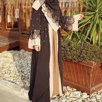 dubai abaya open front beaded lace long sleeve tie waist muslim women islamic arabic turkey modest wear cardigan caftan 2020