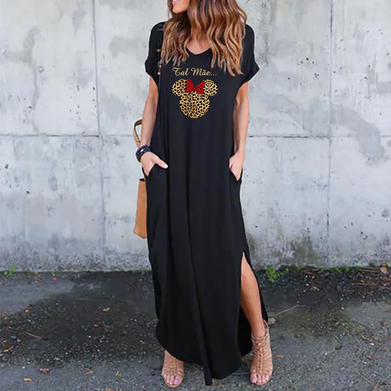

Mickey Mouse Print Long Beach Dress Loose Maxi Dresses for Women Casual Sexy Dress Summer Pockets Short Sleeve Vintage Vestidos