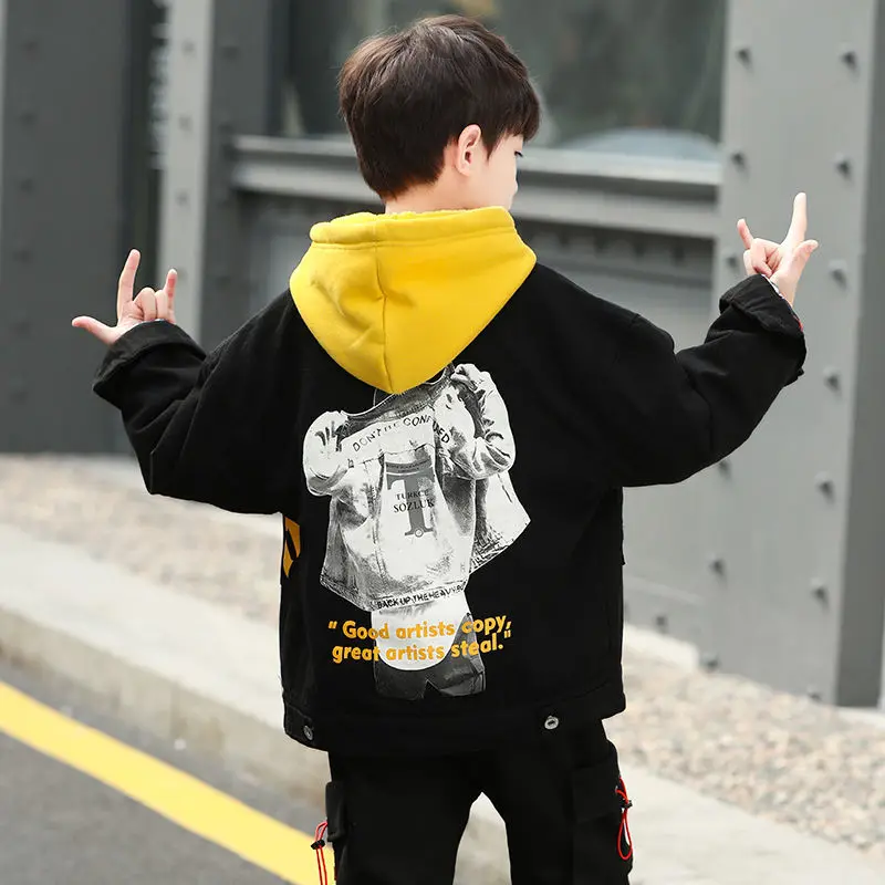 

Winter Polyester Jacket For Boy 2021 Korean Version Thicken Coat Hooded Sweater Casual Two Pieces Fashion Children's Clothing
