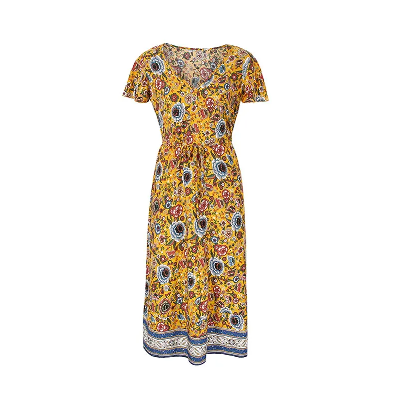 

2021 New Spring Summer Sexy V Neck Print Dress Women Casual Short Sleeve Floral Dress For Woman High Waist Dress