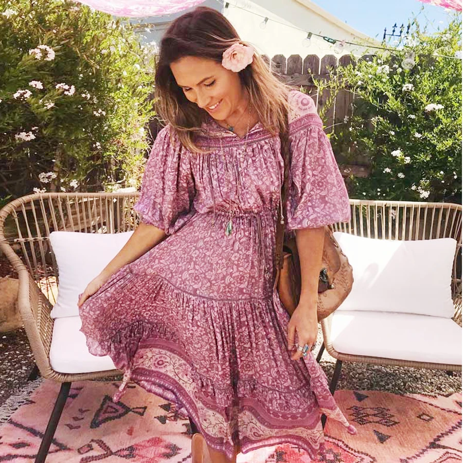 TEELYNN макси женские платья искусственный шелк розовый цветочный принт цыганские