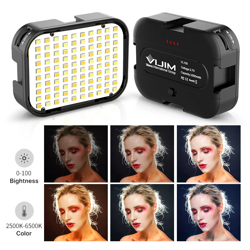 Ulanzi VL100C LED Video Light 3200K-6500K Adjustable Ballhead Cold Shoe Vlog Soft Fill Light 2000mAh Battery Camera Light Lamp