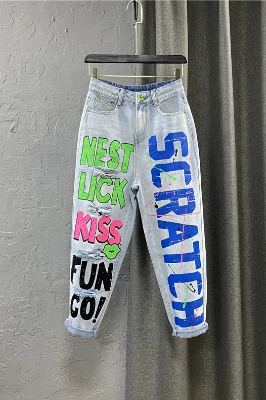 

Denim Pants for Girls High Waist Wide Leg Boyfriend Jeans 2021 New Summer Women Letter Printed Harem Pants Trousers