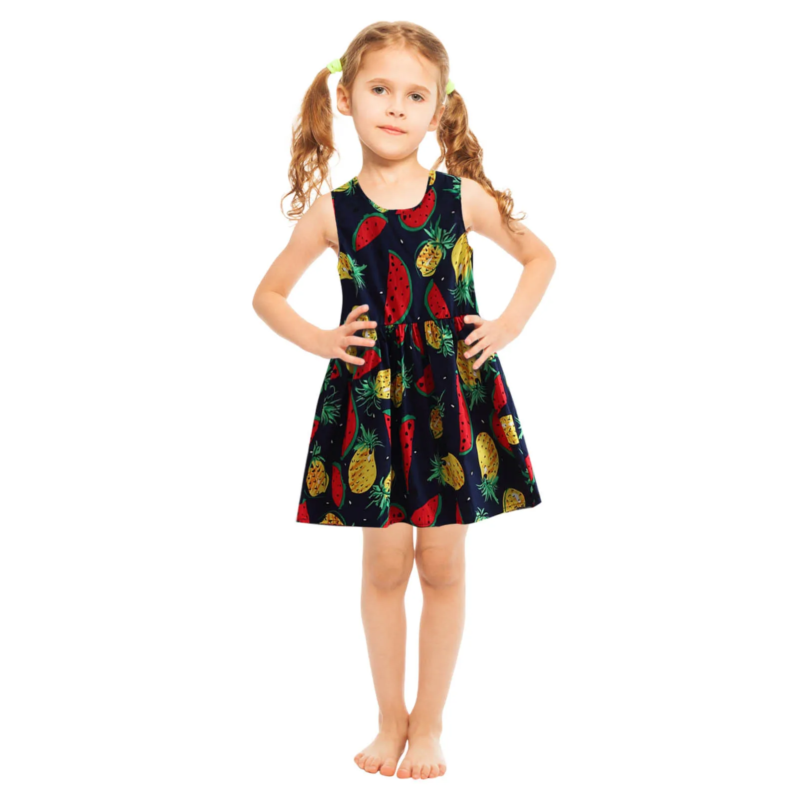 

Платье для девочек с тропическими фруктами, ананасом, арбузом, жилетом без рукавов для детей среднего и маленького возраста, Повседневное п...