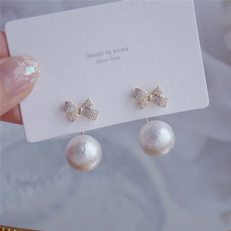 

Bow-knot Earrings with Cotton Pearls 14K Real Gold Stud Earrings for Women Cubic Zircon ZC Earrings Girl gift