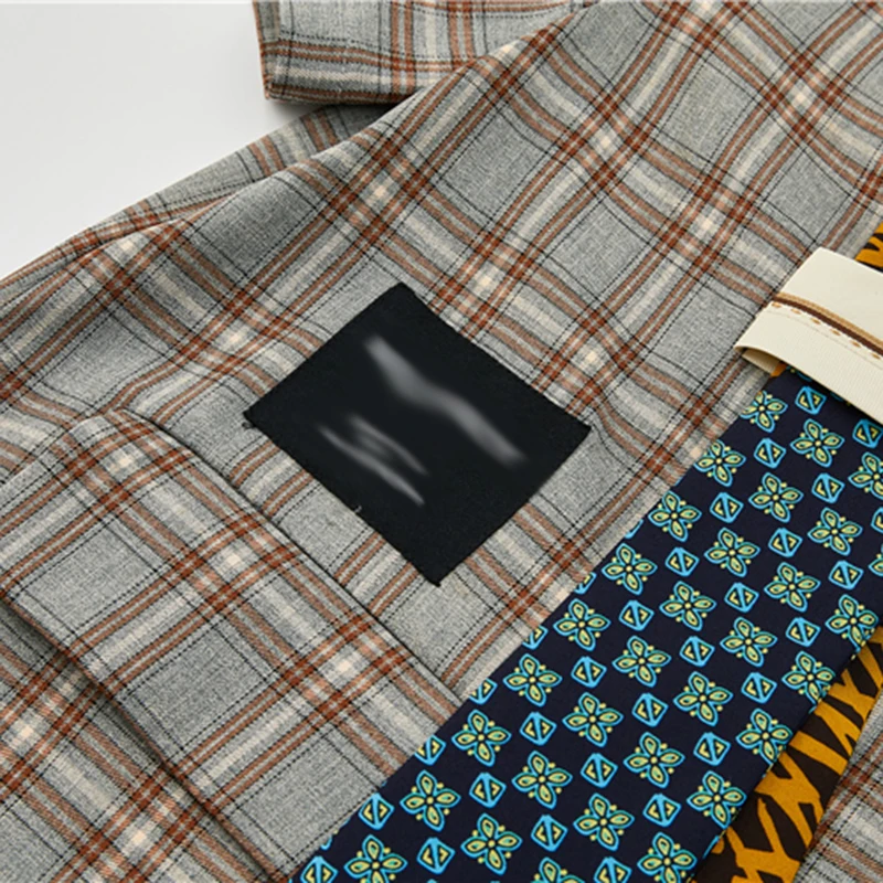 

VGH Vintage Plaid Dress For Women Notched Short Sleeve Patchwork Tie Korean Casual Loose Mini Dresses Female 2021 Spring Fashion