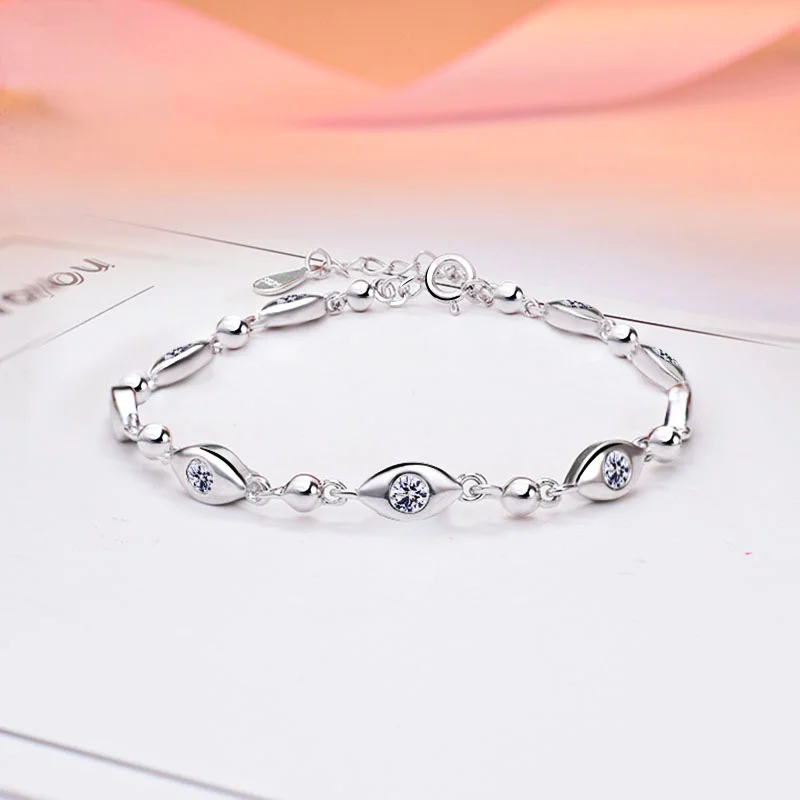 

S925 Sterling Silver Devil's Eye Bracelet Female Personality Diamond Round Beads Platinum Bracelet Simple Fashion Jewelry