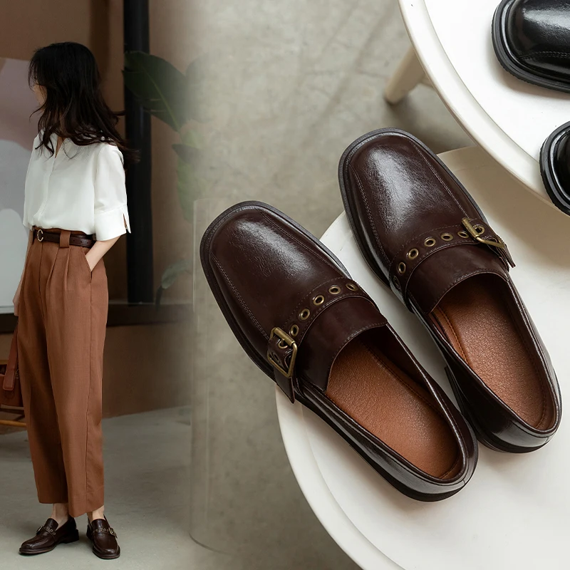 

2021 spring new pumps Women's shoes 22-25cm natural leather Square toe metal buckle Women heels black shoes heels for women