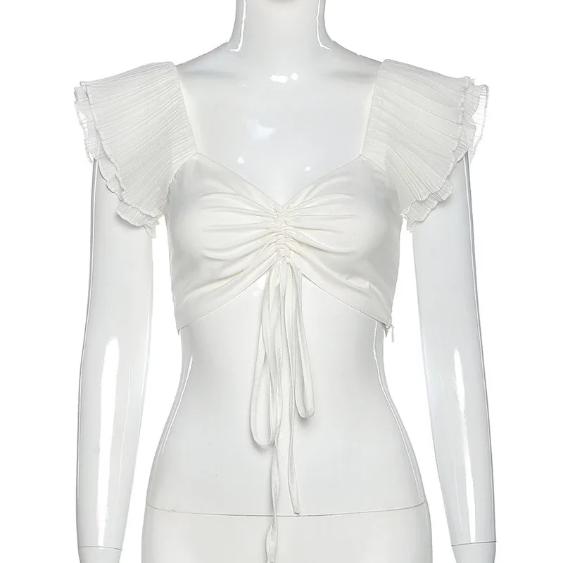 Винтажные топы на завязках с оборками 2020 женская футболка блуза рукавом бабочкой